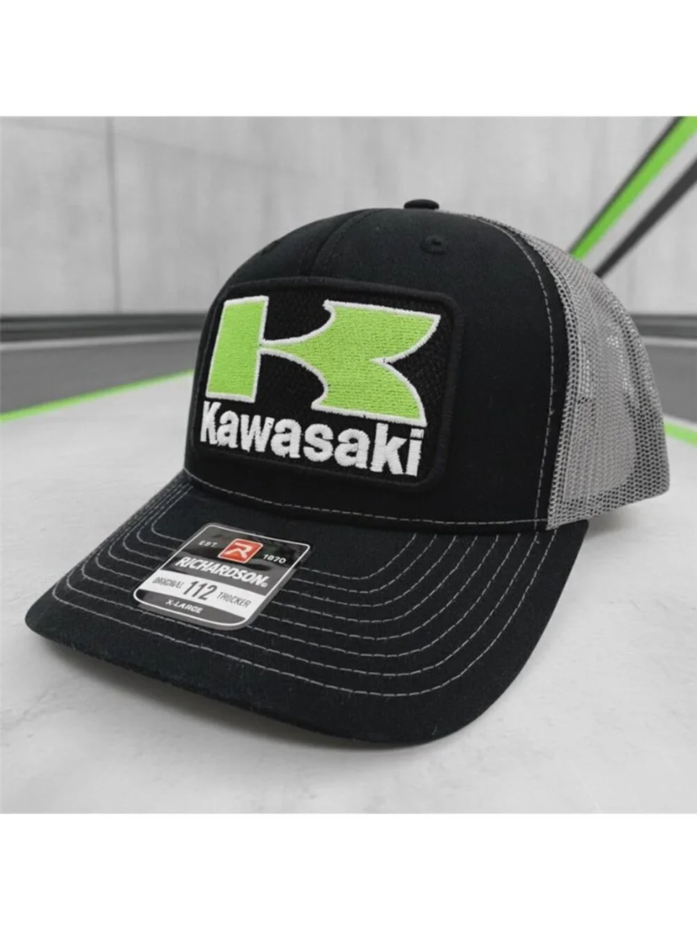 Retro Kawasaki Racing Trucker Hat Moto Patch Richardson 112 XL Snapback Cap